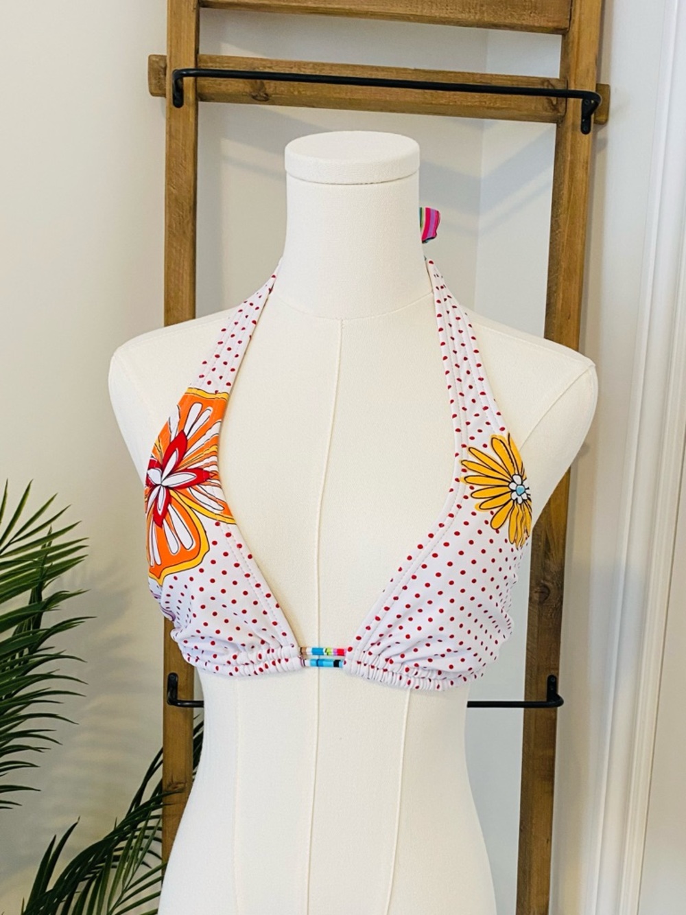 Gossip Polka Dot Halter Bikini Top with Orange & Yellow Floral Accents, Medium